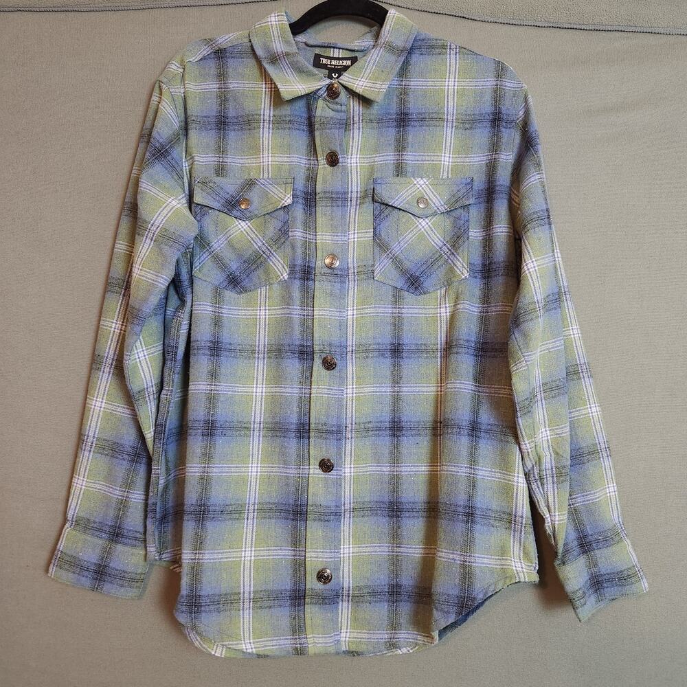 TRUE RELIGION HS Brushed Flannel Women's Button Up Long Sleeve Blouse Iris Small